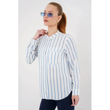 Uzun Kollu Çizgili Gömlek 20283 - Mavi