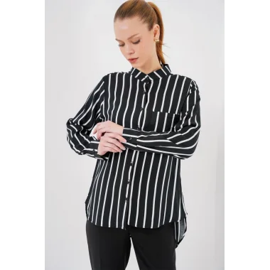 Uzun Kollu Çizgili Gömlek 20283 - Siyah