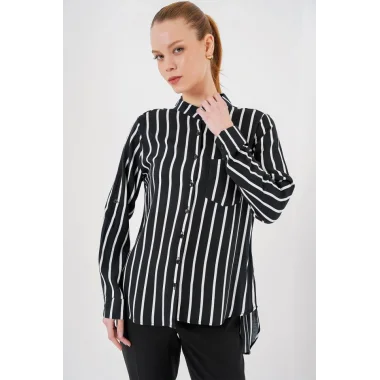 Uzun Kollu Çizgili Gömlek 20283 - Siyah