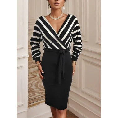Uzun Kollu Kruvaze Yaka çizgi Desenli Kısa Triko Elbise