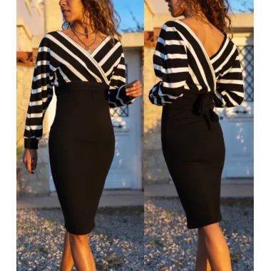 Uzun Kollu Kruvaze Yaka çizgi Desenli Kısa Triko Elbise