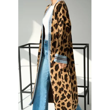 Uzun Leopar Hırka - Camel-Mavi