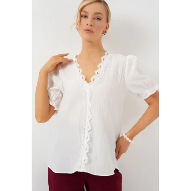 V Yaka Dantelli Bluz 956 - Beyaz
