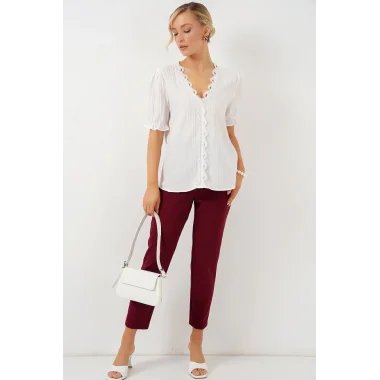 V Yaka Dantelli Bluz 956 - Beyaz