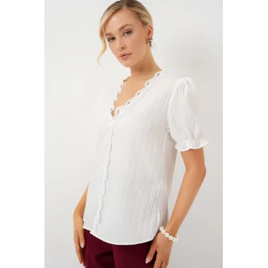 V Yaka Dantelli Bluz 956 - Beyaz