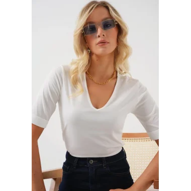 V Yaka Kısa Kol Basic Bluz 955 - Beyaz