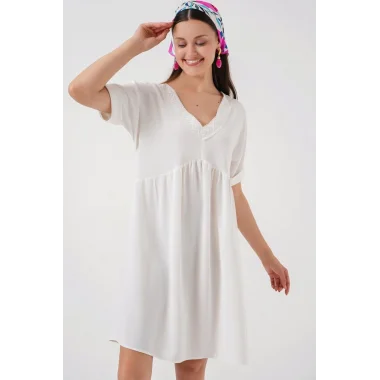 V Yaka Kısa Kol Elbise 2567 - Beyaz