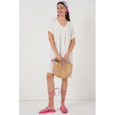 V Yaka Kısa Kol Elbise 2567 - Beyaz