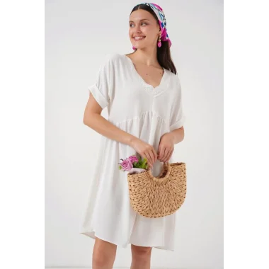 V Yaka Kısa Kol Elbise 2567 - Beyaz