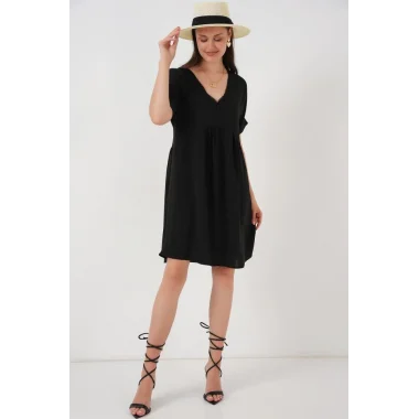 V Yaka Kısa Kol Elbise 2567 - Siyah