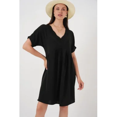 V Yaka Kısa Kol Elbise 2567 - Siyah