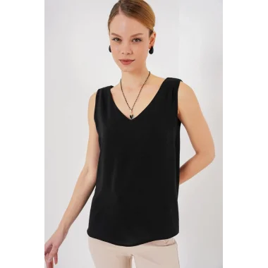 V Yaka Sıfır Kol Bluz 950 - Siyah