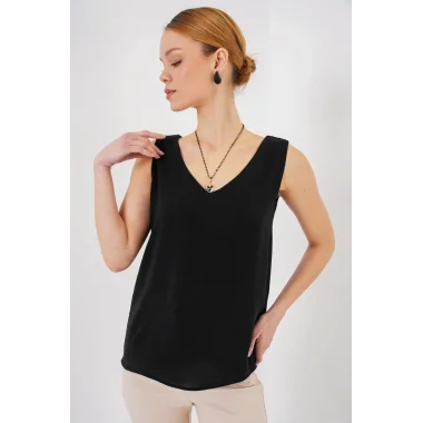 V Yaka Sıfır Kol Bluz 950 - Siyah