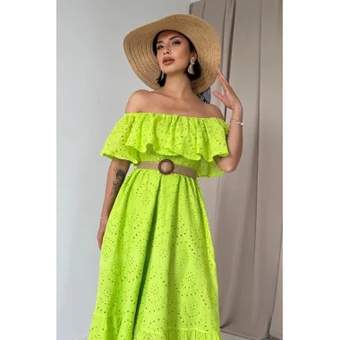 Yağ Yeşili Omzu Lastikli Brode Elbise