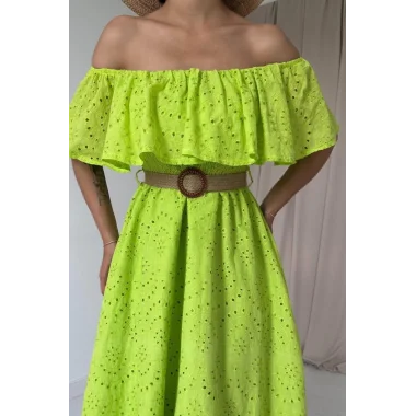 Yağ Yeşili Omzu Lastikli Brode Elbise