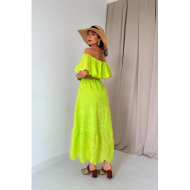 Yağ Yeşili Omzu Lastikli Brode Elbise