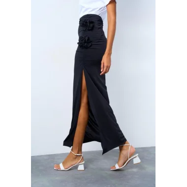 Yandan Büzgülü Güllü Etek - Siyah