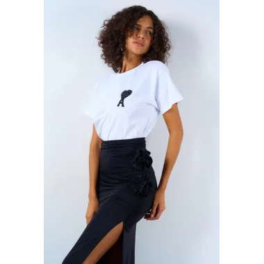 Yandan Büzgülü Güllü Etek - Siyah