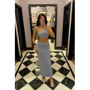 Yandan Yırtmaçlı Uzun Etek Asimetrik Crop İkili Takım - Bebek Mavisi