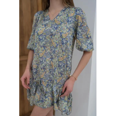 Yeşil Desenli Saten Elbise