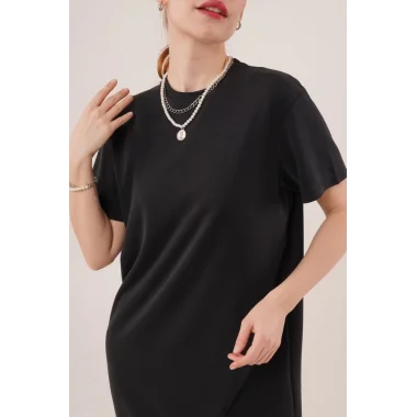 Yırtmaç Detaylı Kısa Kollu Salaş Maxi Siyah Elbise