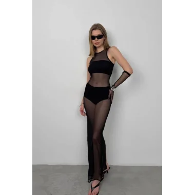 Yüzücü Yaka Maxi Tül Elbise