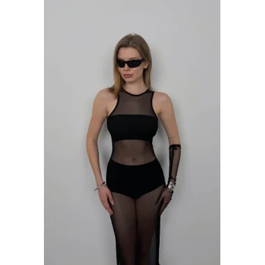 Yüzücü Yaka Maxi Tül Elbise