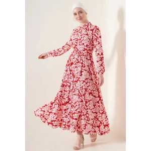 2144 Hakim Yaka Tesettür Elbise - Nar