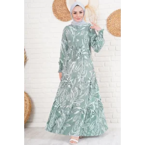 2145 Desenli Tesettür Elbise - Haki