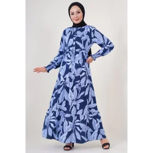 2145 Desenli Tesettür Elbise - Lacivert