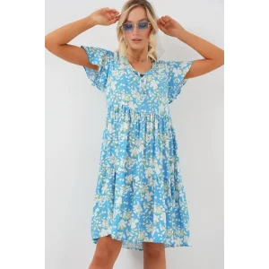 2352 V Yaka Kısa Elbise - Açık Mavi
