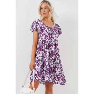 2352 V Yaka Kısa Elbise - Mor