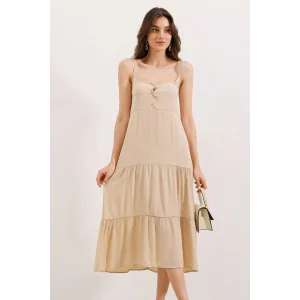 2403 Askılı Midi Elbise - Krem