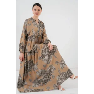 2423 Otantik Desenli Tesettür Elbise - A. Vizon