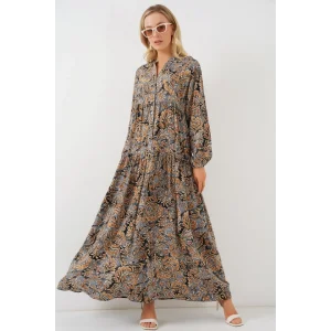 2423 Otantik Desenli Tesettür Elbise - A.Gri