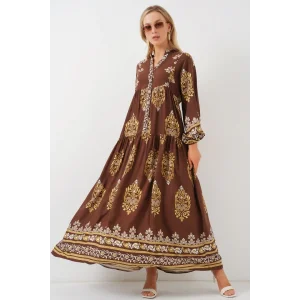 2423 Otantik Desenli Tesettür Elbise - Beyaz - Kahve