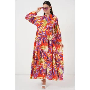 2423 Otantik Desenli Tesettür Elbise - B.Lila