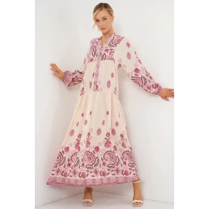 2423 Otantik Desenli Tesettür Elbise - Bordo 1