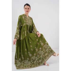 2423 Otantik Desenli Tesettür Elbise - D.Haki