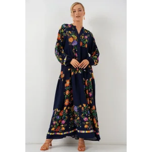 2423 Otantik Desenli Tesettür Elbise - Düz Lacivert