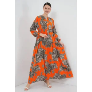 2423 Otantik Desenli Tesettür Elbise - E. Turuncu