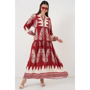2423 Otantik Desenli Tesettür Elbise - G.Bordo
