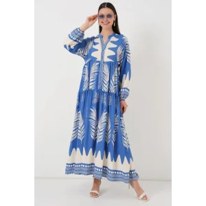 2423 Otantik Desenli Tesettür Elbise - H. İndigo