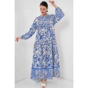 2423 Otantik Desenli Tesettür Elbise - Koyu Mavi