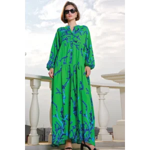 2423 Otantik Desenli Tesettür Elbise - Koyu Yeşil