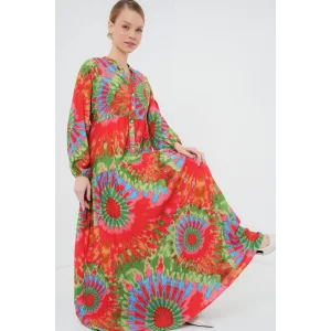 2423 Otantik Desenli Tesettür Elbise - L. Kırmızı