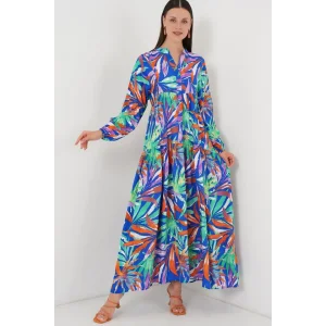 2423 Otantik Desenli Tesettür Elbise - Lacivert 10