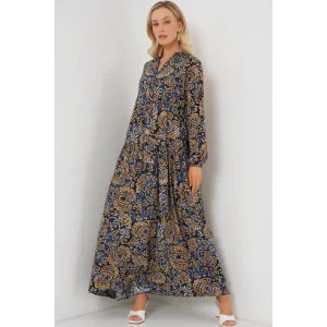 2423 Otantik Desenli Tesettür Elbise - Lacivert 11