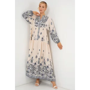 2423 Otantik Desenli Tesettür Elbise - Lacivert 12