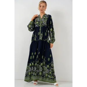 2423 Otantik Desenli Tesettür Elbise - Lacivert 13